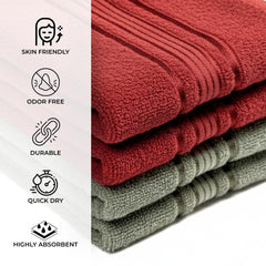 Akiko Home 100% Cotton Essential Series Hand Towels 800 Gsm | Soft, Absorbent & Durable, Cotton Hand Towel For Bathroom Use, Gentle On Skin- Pack Of 4 (Maroon & Green)