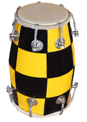Handmade Mango Wooden 14" Baby Dholak Nut & Bold With Beautiful Check Design - Yellow Color | Goat Skin On Both Side