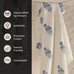 Peepul Tree Block Printed Hand & Bath Towels 240 Gsm | Super Absorbent Soft & Faster Drying, Floral Printed 100% Pure Cotton (Off-White & Blue Floral)- Pack Of 3