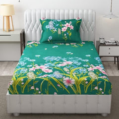 Bedsheet Single Size Elastic Fitted With 1 Pillow Cover - 48 X 72 X 8 Inches, Green | Soft Touch To Skin | Perfect Ideal For House, Hotel, Guest House Bedsheet