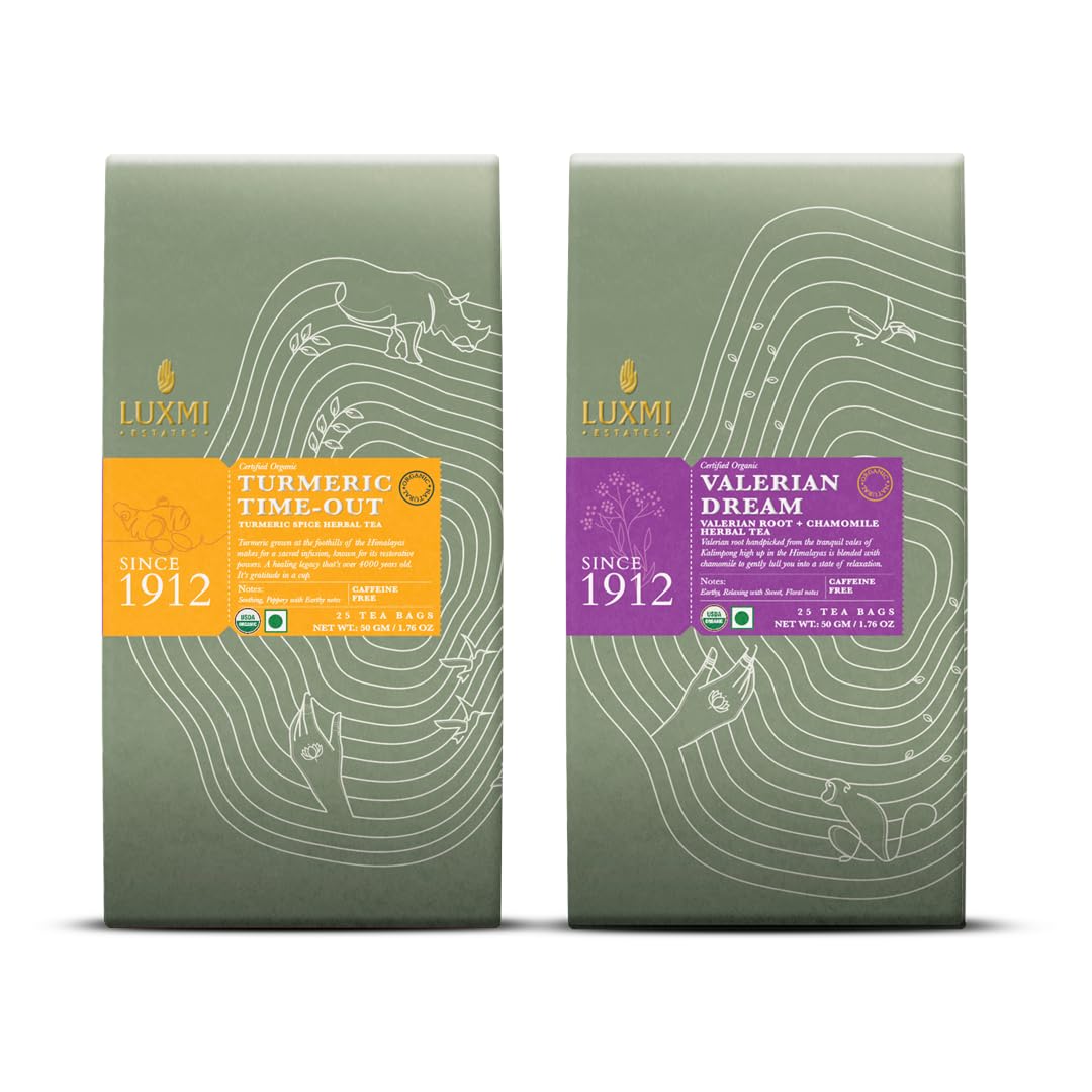 Luxmi Estates Turmeric Time Out + Valerian Dream Herbal Tea Pack Of 2 - 50gm, 1.7 Ounce, 25 Tea Bags | USDA Certified Organic Tea - Caffeine Free Herbal Tea | Stress Relief, Bedtime & Comforting