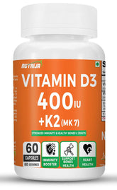 Nutrija Vitamin D3 + K2 As Mk7 Supplement , Plant Based Natural Vitamin D3 Supplement Sourced From Lichen - Stronger Immunity, Supports Bones, Joints & Heart Health | 60 Tablets , 100gm 0.2lbs
