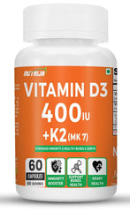 Nutrija Vitamin D3 + K2 As Mk7 Supplement , Plant Based Natural Vitamin D3 Supplement Sourced From Lichen - Stronger Immunity, Supports Bones, Joints & Heart Health | 60 Tablets , 100gm 0.2lbs