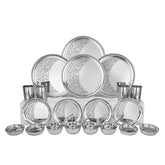 Designer Stainless Steel Floral Shagun Laser Bloom Dinner Set Of 24 Pieces, Silver | 4 Dinner Plate+ 4 Side Plate+ 4 Glass+ 4 Bidding Bowl+ 4 Pudding Bowl+ 4 Dinner Spoon