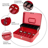 Cash Box With Key Lock, Metal Cash Box With Money Tray, Cash Register,5 Compartments Cantilever Tray & 4 Spring - Clips For Bills,11.81"X 9.45"X 3.54" Colour - Red