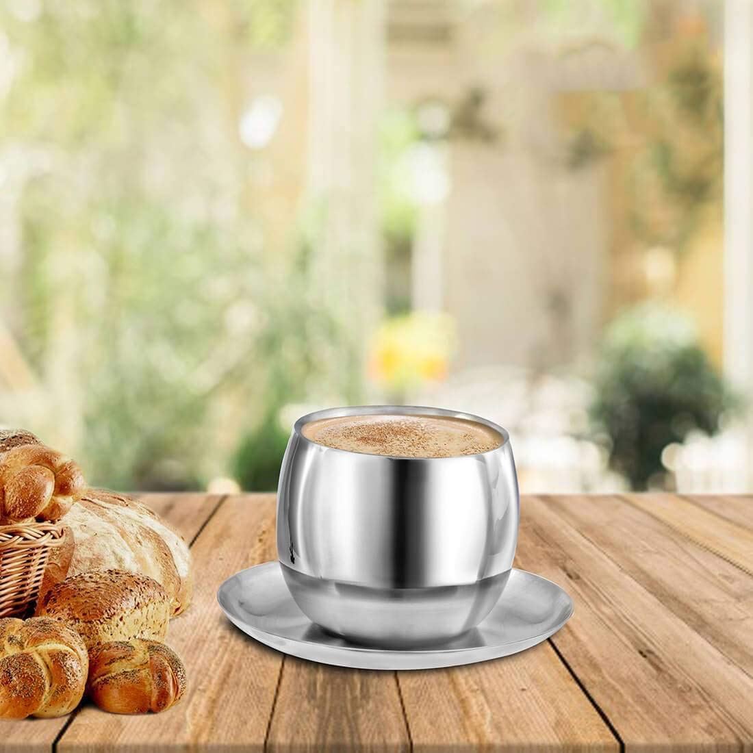High Grade Stainless Steel Double Wall Cup & Saucer 4 Pcs, Size - 6.7 Cm Each | 4 Double Wall Cup+ 4 Saucer High Grade Stainless Steel Double Wall Cup & Saucer 4 Pcs, Size - 6.7 Cm Each | 4 Double Wall Cup+ 4 Saucer