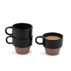 Ceramic Stackable Tea Cup Set Of 6 - Black Brown, 200ml Each | Cup Set Of 6 For Tea - Matte Finish Tea Cup Set | Premium Stoneware Ceramic Cup - Stackable Cups