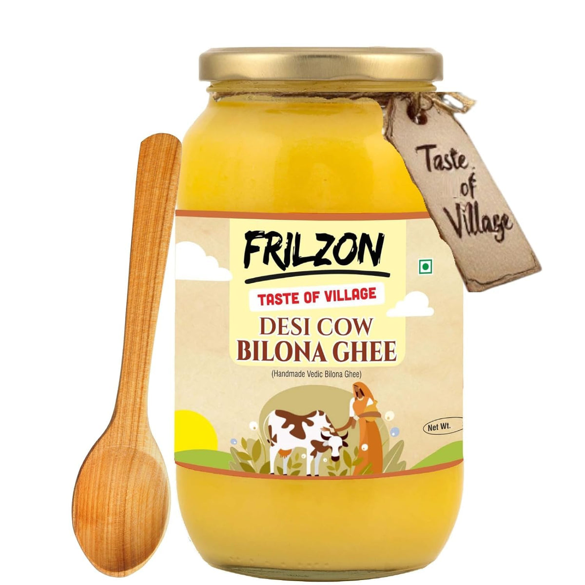 Organic Desi Cow Bilona Ghee With Wooden Spoon By Frilzon | Traditional Bilona Method, Cultured Danedar Desi Homemade Ghee Good For Taste | (250ml) 8.4 Ounce | Jar Pack