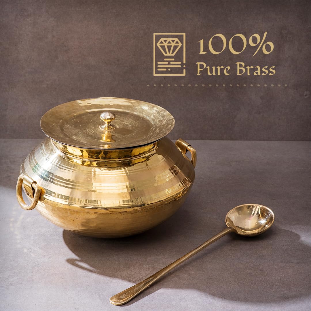 Brass Patili With Karchi, 3 Liters | Karchi - Golchi For Dinnerware & Cooking | Degchi In Brass - Handi For Cooking | Hammered And Polished Brass Patili With Karchi, 3 Liters | Karchi - Golchi For Dinnerware & Cooking | Degchi In Brass - Handi For Cooking | Hammered And Polished