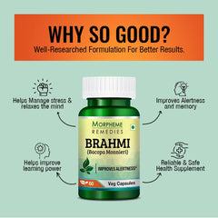 Morpheme Remedies Bacopa Brahmi Extract 500mg, Improves Alertness, Known As A Good Ingredient For Brain | 60 Capsules 100gm 0.2lbs