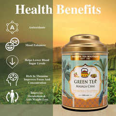 San-Cha Tea Boutique Green Tea Masala Chai - 100gm, 3.5 Ounce | Blend Of Cardamom, Pepper, Ginger, Cinnamon & Rose - Medium Caffeine Loose Leaves