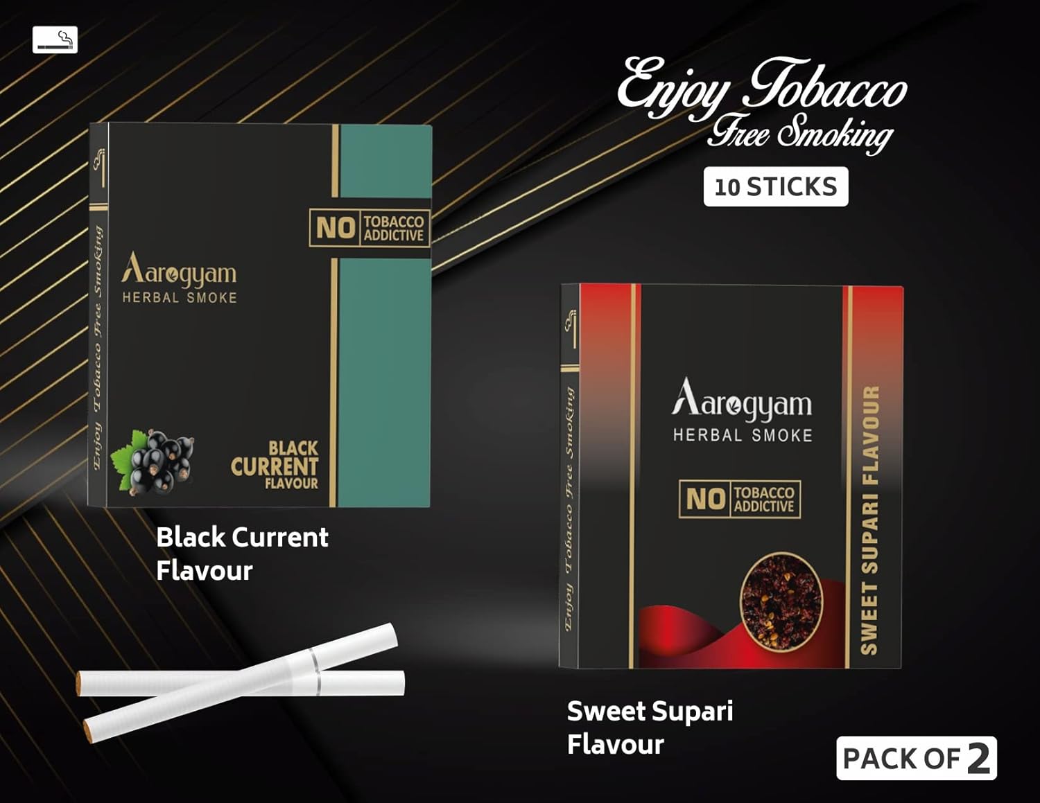 Aarogyam Herbals Pack Of 2 Flavours 100% Tobacco & Nicotine Free Cigarette For Relieve Stress & Mood Enhance Product Sweet Supari, Black Current - 10 Sticks X 2 Packets Aarogyam Herbals Pack Of 2 Flavours 100% Tobacco & Nicotine Free Cigarette For Relieve Stress & Mood Enhance Product Sweet Supari, Black Current - 10 Sticks X 2 Packets