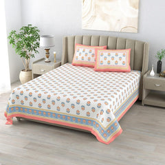 100% Cotton King Size Bedsheet With 2 Matching Pillow Covers - 90 X 108 Inches, Peach & White | Designer Printed Bedsheet Set - Naturally Soft, Breathable, & Skin-Friendly