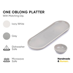 Large Oblong Ceramic Serving Platter, Grey Oblong Modern Series | Big Serving Plate Set - Platters Serving Set | Snacks Serving Plates - 1 Serving Platter + 1 Dip Bowl