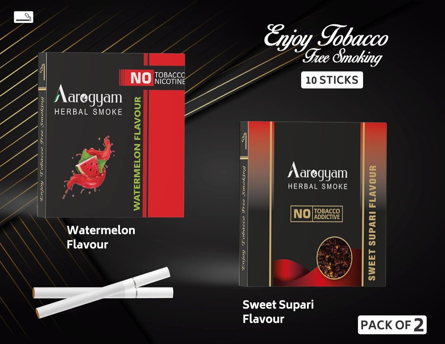 Aarogyam Herbals Pack Of 2 Flavours 100% Tobacco & Nicotine Free Cigarette For Relieve Stress & Mood Enhance Product Sweet Supari, Watermelon - 10 Sticks X 2 Packets Aarogyam Herbals Pack Of 2 Flavours 100% Tobacco & Nicotine Free Cigarette For Relieve Stress & Mood Enhance Product Sweet Supari, Watermelon - 10 Sticks X 2 Packets