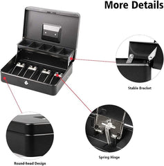 Cash Box With 2 Key Lock Storage Security 4 Note, 5 Coin Slots,11.8" X 9.5" X 3.5", Colour - Black, Material - Metal