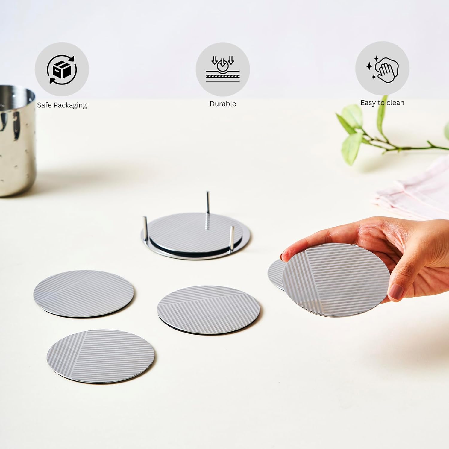 Stainless Steel Designer Round Coaster Pack Of 6, Chrome | Corporate Gifting For Diwali - Drink Glass Holder For Home, Counters Kitchen | Geometric Patterns - Serve Ware, Dinnerware & Tableware Stainless Steel Designer Round Coaster Pack Of 6, Chrome | Corporate Gifting For Diwali - Drink Glass Holder For Home, Counters Kitchen | Geometric Patterns - Serve Ware, Dinnerware & Tableware