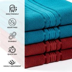 Akiko Home 100% Cotton Essential Series Hand Towels 800 Gsm | Soft, Absorbent & Durable, Cotton Hand Towel For Bathroom Use, Gentle On Skin- Pack Of 4 (Teal & Maroon)