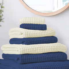 Urban Space 100% Cotton Waffle 2 Bath, 2 Hand & 2 Face Towels 1500 Gsm | Breathable & Absorbent Cotton Fabric Towel (Beige & Navy Blue) -Set Of 6
