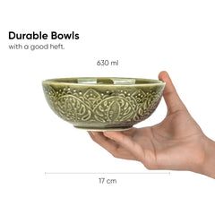 Ceramic Carving Medium Serving Bowls Set Of 2 Pcs - 630ml Each, Mehndi Green Carving | Premium Ceramic Bowls - Medium Size | Microwave Safe Bowls - Bowl Sets With Glossy Finish | Ceramic Bowl