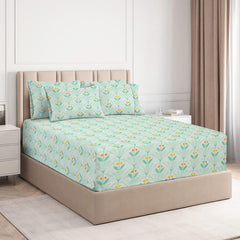 Cotton All Round Elastic Fitted Bedsheets With 2 Pillow Covers - 78x72+10 Inches, Sea Green | Double Bed With Long Lasting - 180 Thread Count Super Soft Wrinkle Free