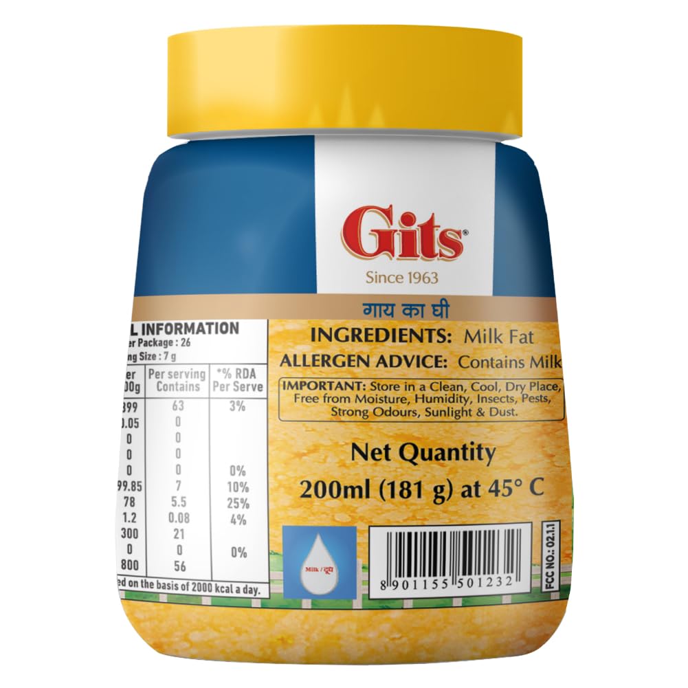 Natural Premium Desi Cow Ghee By Gits | Good Source Of Vitamin A, Delicious Healthy & Nutritious Pure Cow Ghee Perfect For Cooking | (200ml) 6.7 Ounce | Jar Pack Natural Premium Desi Cow Ghee By Gits | Good Source Of Vitamin A, Delicious Healthy & Nutritious Pure Cow Ghee Perfect For Cooking | (200ml) 6.7 Ounce | Jar Pack
