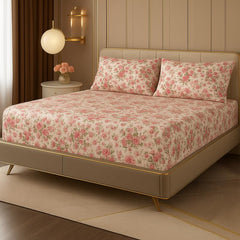 Cotton Elastic Fitted Double Bedsheets King Size With 2 Pillow Covers - 72x78+10 Inches, White & Pink | Luxurious Softness & Breathable Comfort Crafted Bedsheet