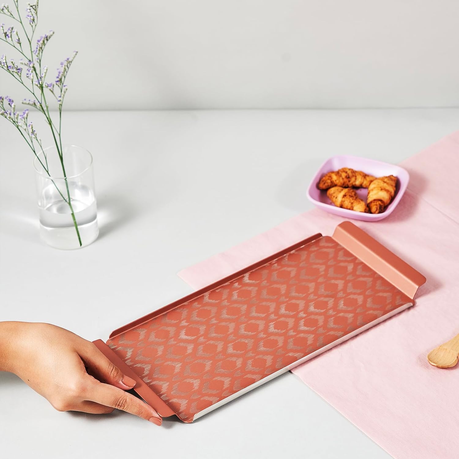 Designer Pink Stainless Steel Tray - Large, Ikat Series | Multipurpose Serving Platter - Premium Serve Ware, Dinnerware & Tableware Designer Pink Stainless Steel Tray - Large, Ikat Series | Multipurpose Serving Platter - Premium Serve Ware, Dinnerware & Tableware