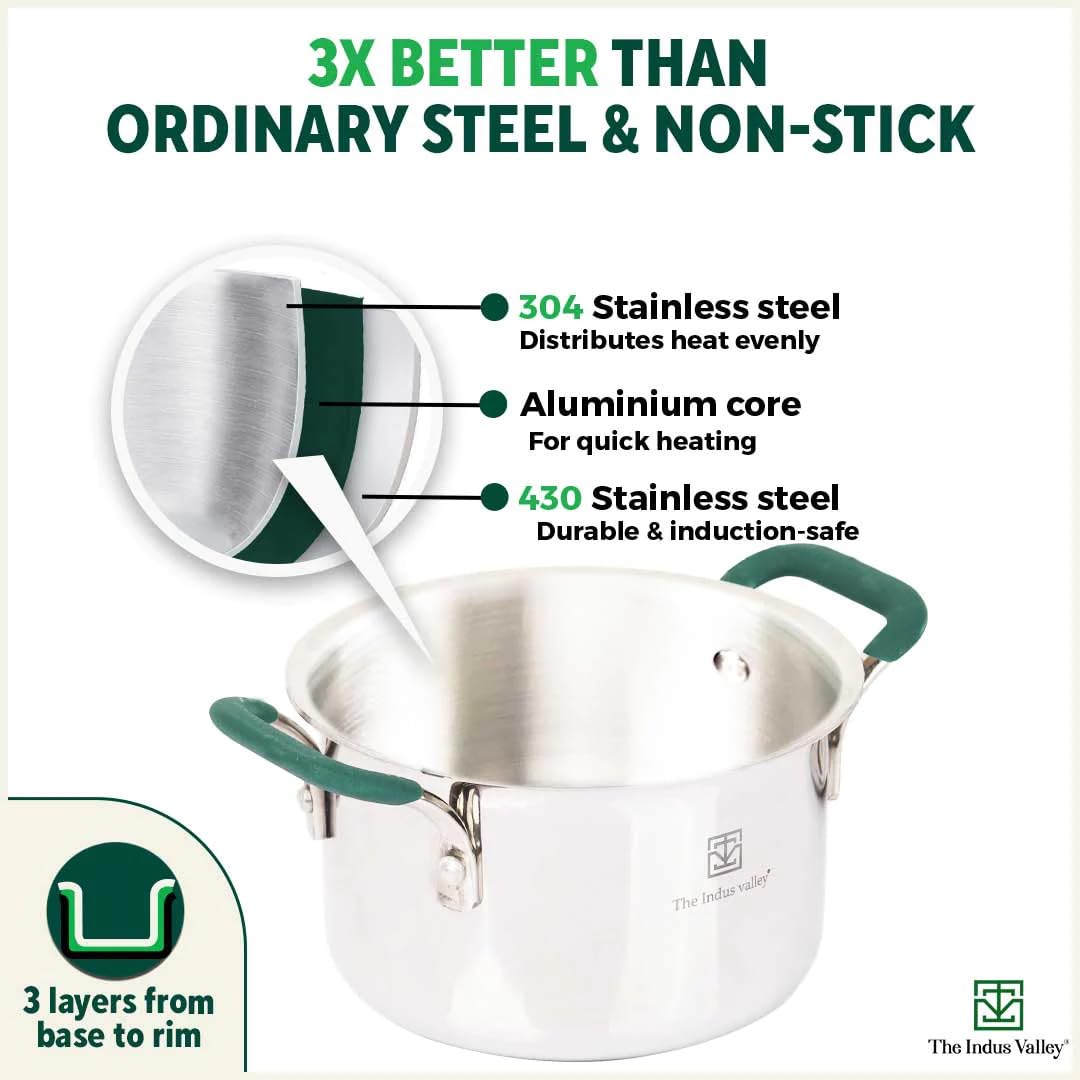 Triply Stainless Steel Stock Pot Or Casserole With Steel Lid | Very Small 16.7cm, 6.6 Inch, 1.4 Liters, 0.9 Kg - Induction Friendly, Nonstick 3-Layer Body, 100% Pure & Toxin-Free Triply Stainless Steel Stock Pot Or Casserole With Steel Lid | Very Small 16.7cm, 6.6 Inch, 1.4 Liters, 0.9 Kg - Induction Friendly, Nonstick 3-Layer Body, 100% Pure & Toxin-Free