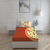Cotton Bedsheet Set For Single Bed - Size 59 X 88 Inches, Red | 1 Single Bed Sheet With 1 Pillow Cover - Light Weight & Breathable, All Season Comfort-Pizza Pattern Bedsheet