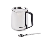Stainless Steel Mug With Spoon & Lid - Bliss Series, Chrome & Black | Morning Drinking Cup - Ideal For Hot & Cold Drinks | Serve Ware & Tableware - Dishwasher Safe