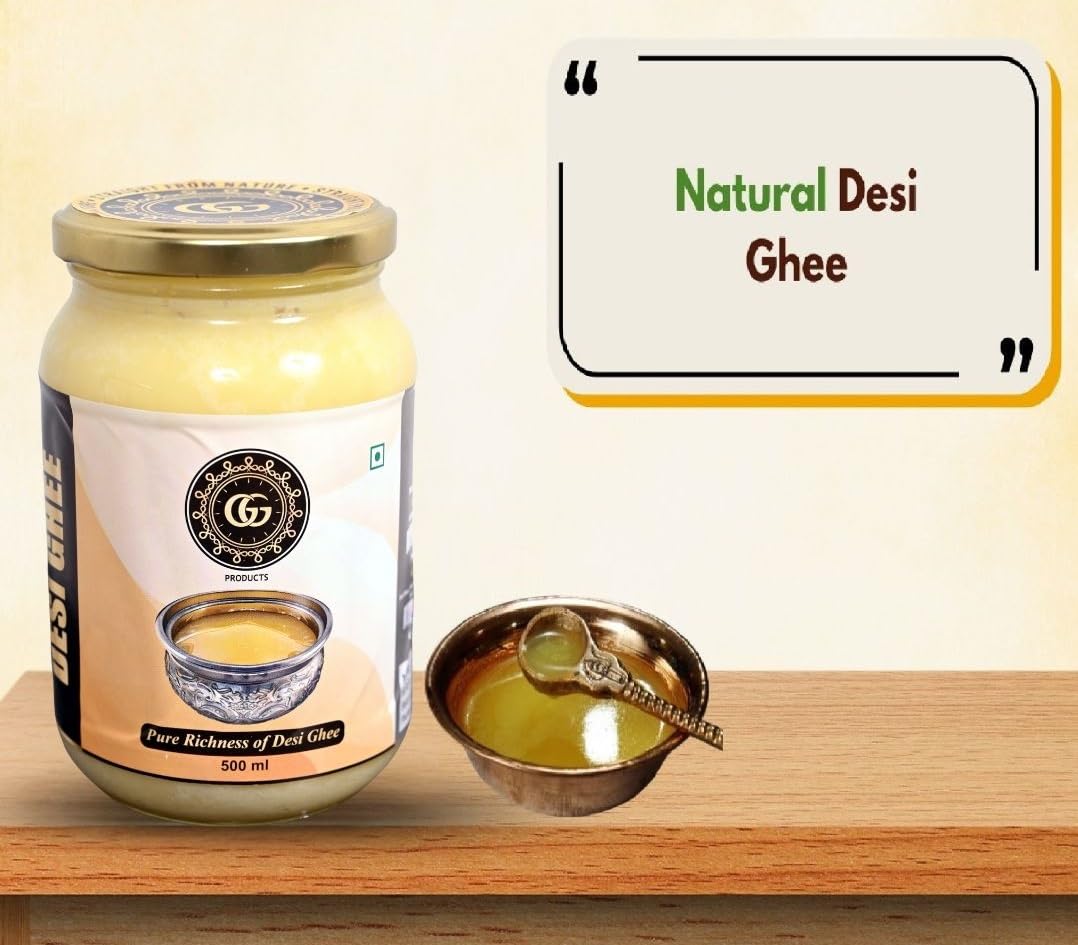 Pure Desi Ghee By G G Products | Homemade Rich In Taste & Nutrients Natural Pure Desi Ghee For Frying & Cooking | (500ml) 16.9 Ounce | Jar Pack Pure Desi Ghee By G G Products | Homemade Rich In Taste & Nutrients Natural Pure Desi Ghee For Frying & Cooking | (500ml) 16.9 Ounce | Jar Pack