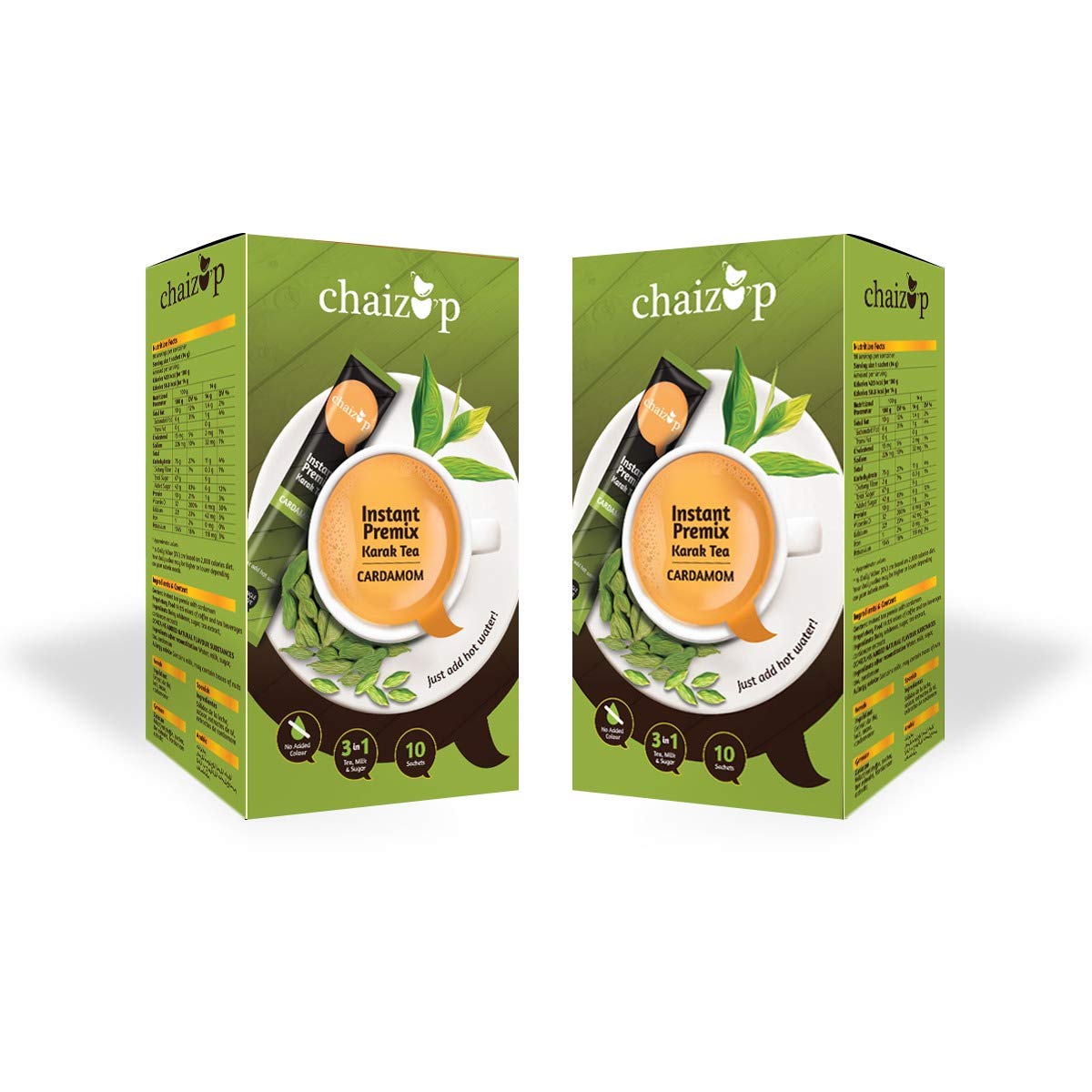 Chaizup Premium 1 Min Instant Cardamom Tea Premix - Pack Of 2 X 140gm, 4.9 Ounce Each, 20 Sachets | Just Add Hot Water - Assam Elaichi Chai Powder | Low Caffeine Home Like Tea