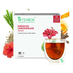 Teabox Hibiscus Lemongrass Tisane Tea - 25 Pyramid Tea Bags | Made With Citrusy Tisane Hibiscus, Lemongrass & Licorice - Caffeine Free | Hot & Cold Tea