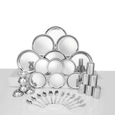 Stainless Steel Delight Solid Dinner Set Of 36 Pieces, Silver | 6 Dinner Plates+ 6 Side Plates+ 6 Glasses+ 6 Bowls+ 6 Dessert Spoons+ 6 Dessert Fork - Easy To Clean & Dishwasher Safe