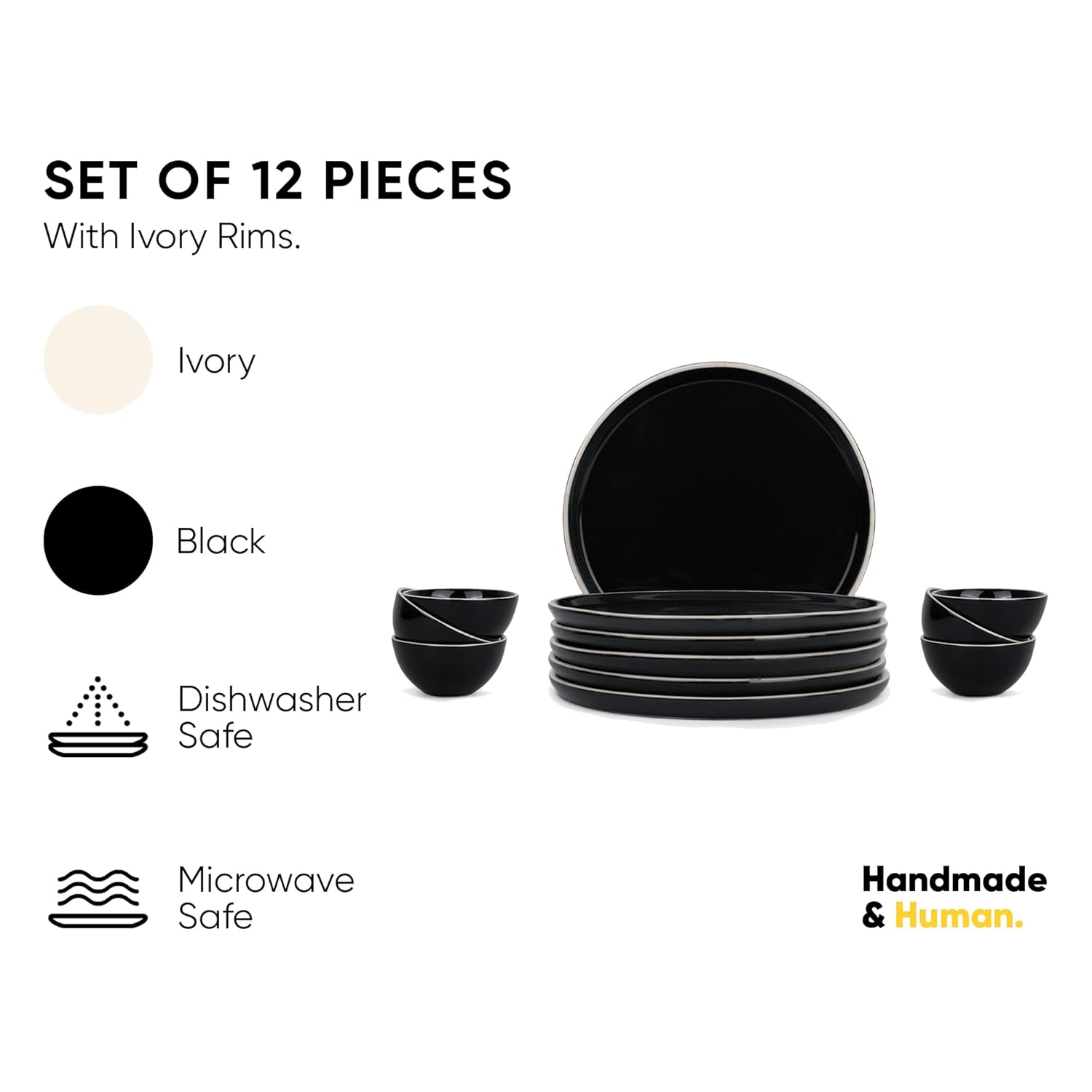 Ceramic Dinner Set Of 12 Pcs, Black Rim | Crockery Set For Dining Table - Dining Sets Crockery Items | Glossy Finish Premium Stoneware | 6 Dinner Plates + 6 Veg Small Bowls, 180ml Each Ceramic Dinner Set Of 12 Pcs, Black Rim | Crockery Set For Dining Table - Dining Sets Crockery Items | Glossy Finish Premium Stoneware | 6 Dinner Plates + 6 Veg Small Bowls, 180ml Each