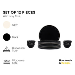 Ceramic Dinner Set Of 12 Pcs, Black Rim | Crockery Set For Dining Table - Dining Sets Crockery Items | Glossy Finish Premium Stoneware | 6 Dinner Plates + 6 Veg Small Bowls, 180ml Each