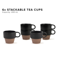 Ceramic Stackable Tea Cup Set Of 6 - Black Brown, 200ml Each | Cup Set Of 6 For Tea - Matte Finish Tea Cup Set | Premium Stoneware Ceramic Cup - Stackable Cups