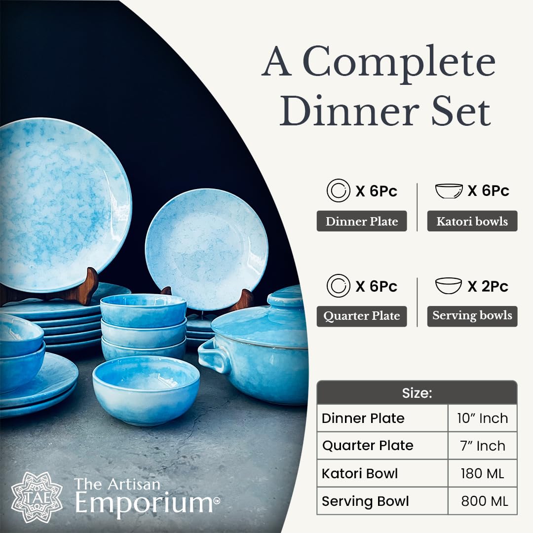 Neelam Hand Painted Ceramic Dinner Set Of 20 Pieces With Serving Bowls | 6 Dinner Plates + 6 Side Plates+ 6 Katori Bowls, 180ml Each + 2 Serving Bowls, 800ml Each | Serving For 6 Neelam Hand Painted Ceramic Dinner Set Of 20 Pieces With Serving Bowls | 6 Dinner Plates + 6 Side Plates+ 6 Katori Bowls, 180ml Each + 2 Serving Bowls, 800ml Each | Serving For 6