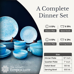 Neelam Hand Painted Ceramic Dinner Set Of 20 Pieces With Serving Bowls | 6 Dinner Plates + 6 Side Plates+ 6 Katori Bowls, 180ml Each + 2 Serving Bowls, 800ml Each | Serving For 6