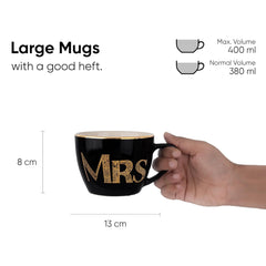 Ceramic Couple Mugs Set Of 2 - Black, 400ml Each | Mr & Mrs Coffee Mug With Glossy Finish - Large Cup For Coffee - Cappuccino Cup | Premium Stoneware Coffee Cup - Microwave Safe, Dishwasher Safe