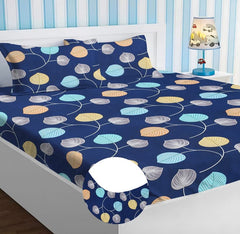 Elastic Fitted Printed Double Bedsheet King Size With 2 Pillow Covers | 72 X 78 Inches, Dark Blue - Breathable Long Lasting Light Weight Wrinkle Free