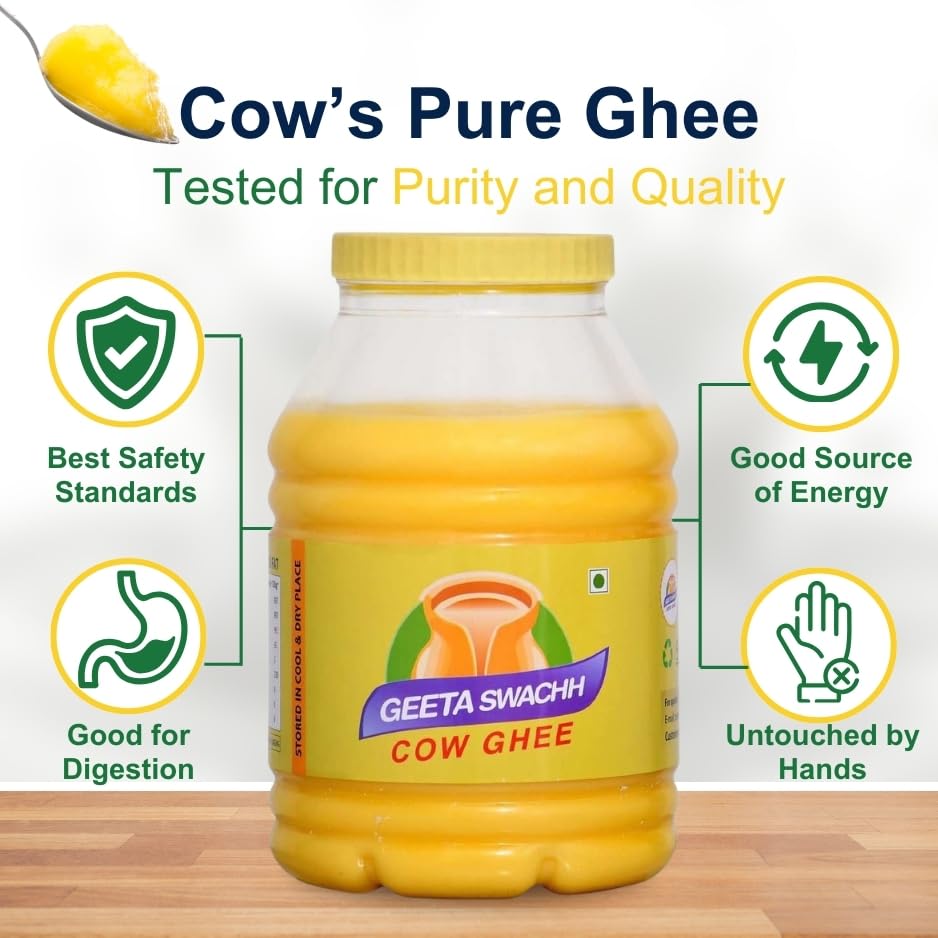 Organic Cow Desi Ghee By Geeta Swachh | Natural & Healthy Curd-Churned Desi Cow Ghee Good For Cooking, Frying | (5 Litre) 169.0 Ounce | Jar Pack Organic Cow Desi Ghee By Geeta Swachh | Natural & Healthy Curd-Churned Desi Cow Ghee Good For Cooking, Frying | (5 Litre) 169.0 Ounce | Jar Pack