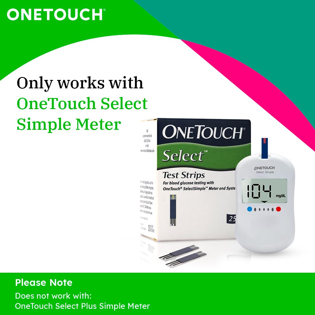 OneTouch Select Test Strips - Pack of 25 Strips | Blood Sugar Test Machine Testing Strips | Global Iconic Brand | For use with OneTouch Select Simple Glucometer OneTouch Select Test Strips - Pack of 25 Strips | Blood Sugar Test Machine Testing Strips | Global Iconic Brand | For use with OneTouch Select Simple Glucometer