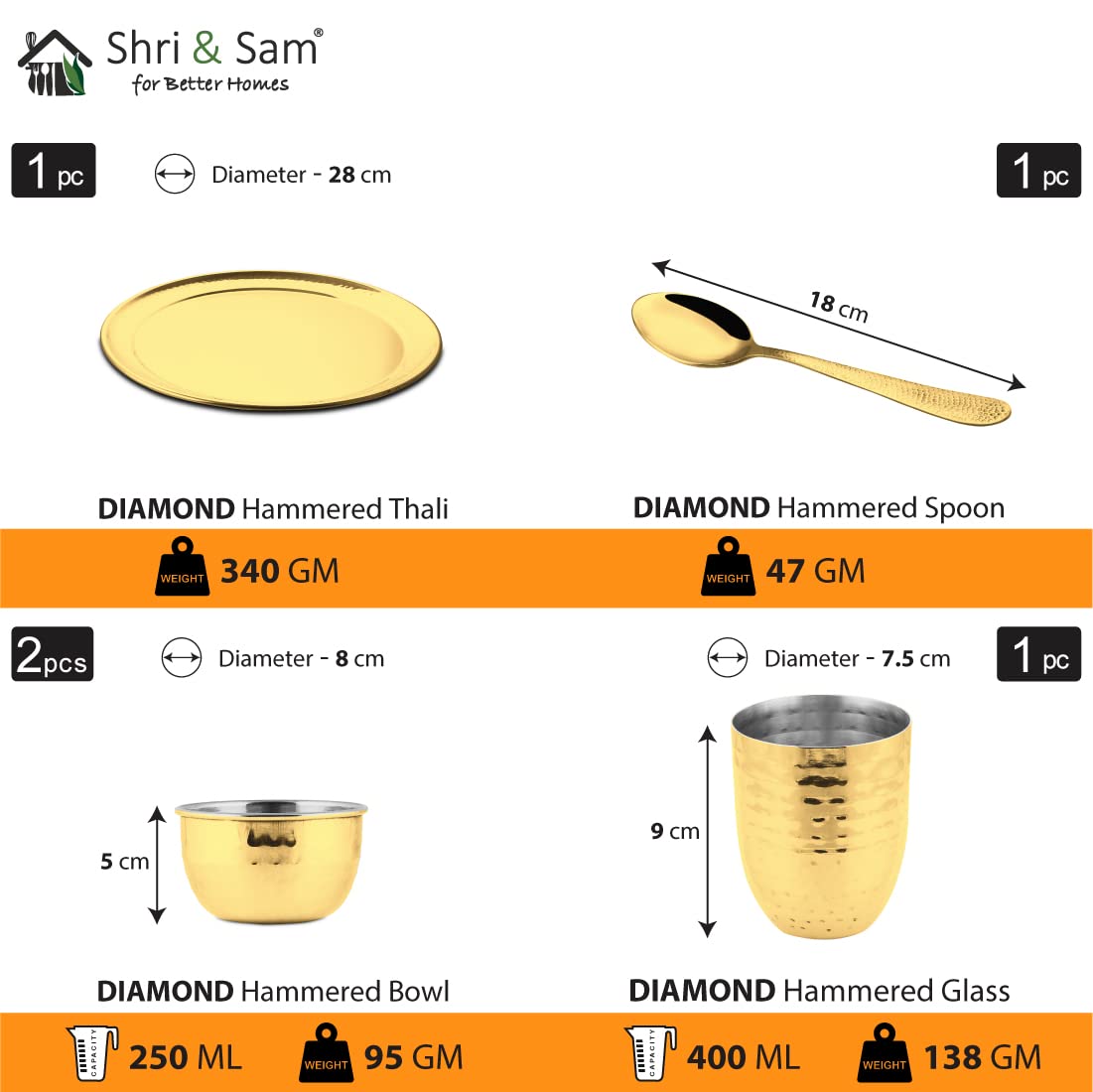 High Grade Stainless Steel Diamond Hammered Gold Thali Set With PVD Coating, 5 Pieces | 1 Thali+ 1 Glass+ 2 Katoris+ 1 Spoon - Dishwasher Friendly High Grade Stainless Steel Diamond Hammered Gold Thali Set With PVD Coating, 5 Pieces | 1 Thali+ 1 Glass+ 2 Katoris+ 1 Spoon - Dishwasher Friendly