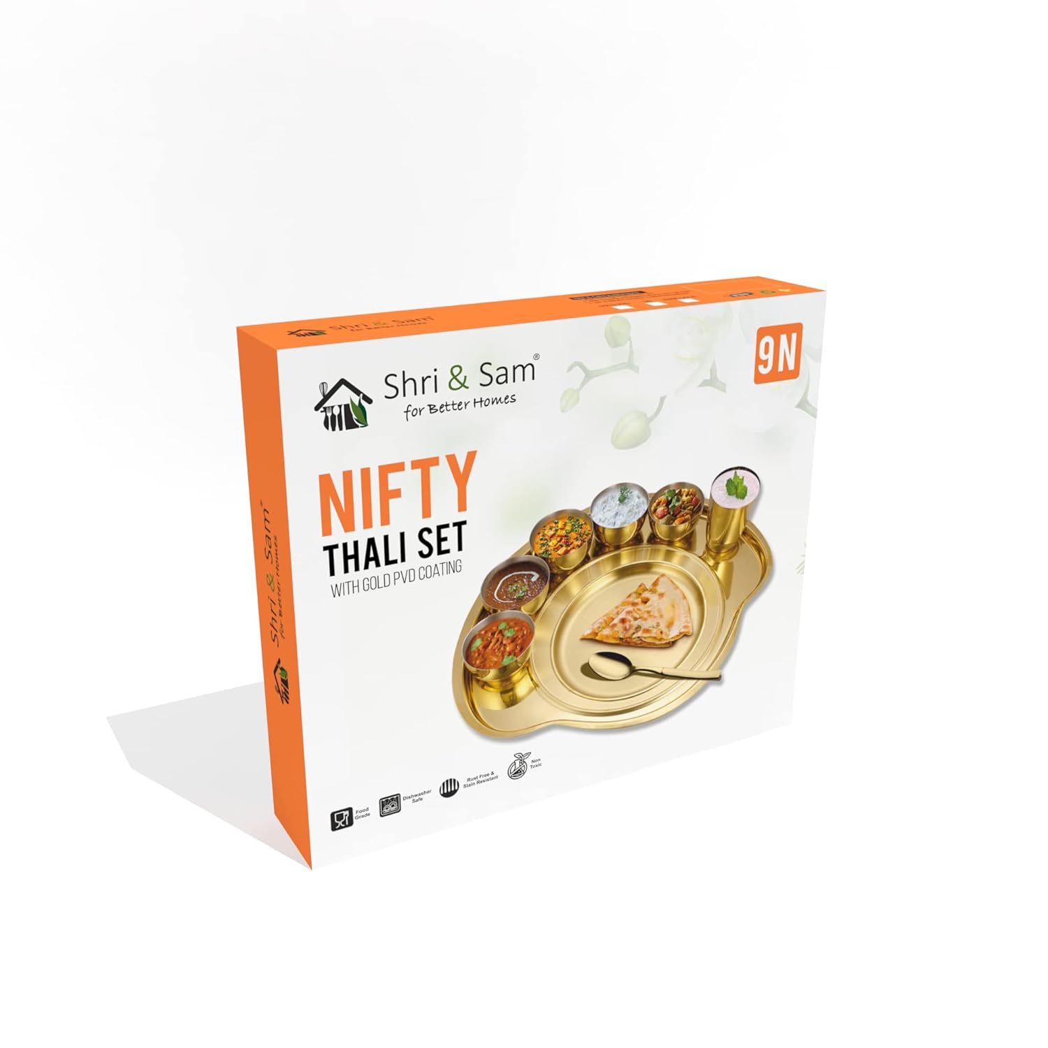 Nifty High Grade Stainless Steel Thali Set With PVD Coating, Gold | 5 Katoris+ 1 Glass+ 1 Quarter Plate+ 1 Full Plate+ 1 Dessert Spoon Nifty High Grade Stainless Steel Thali Set With PVD Coating, Gold | 5 Katoris+ 1 Glass+ 1 Quarter Plate+ 1 Full Plate+ 1 Dessert Spoon