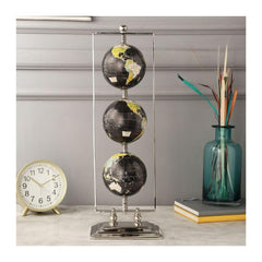 Handcrafted Vertical Triple Golden Globe Stand Decorative, Accessories For Table, Desk For Showpiece, Office Shelves, Bedroom & Gifting (Black Silver) Set Of 3 Globes In 1