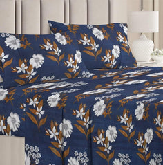 Printed Bedsheet With 2 Pillow Covers - 86 X 88 Inches, Dark Blue & Brown | Soft Brushed Microfiber, c