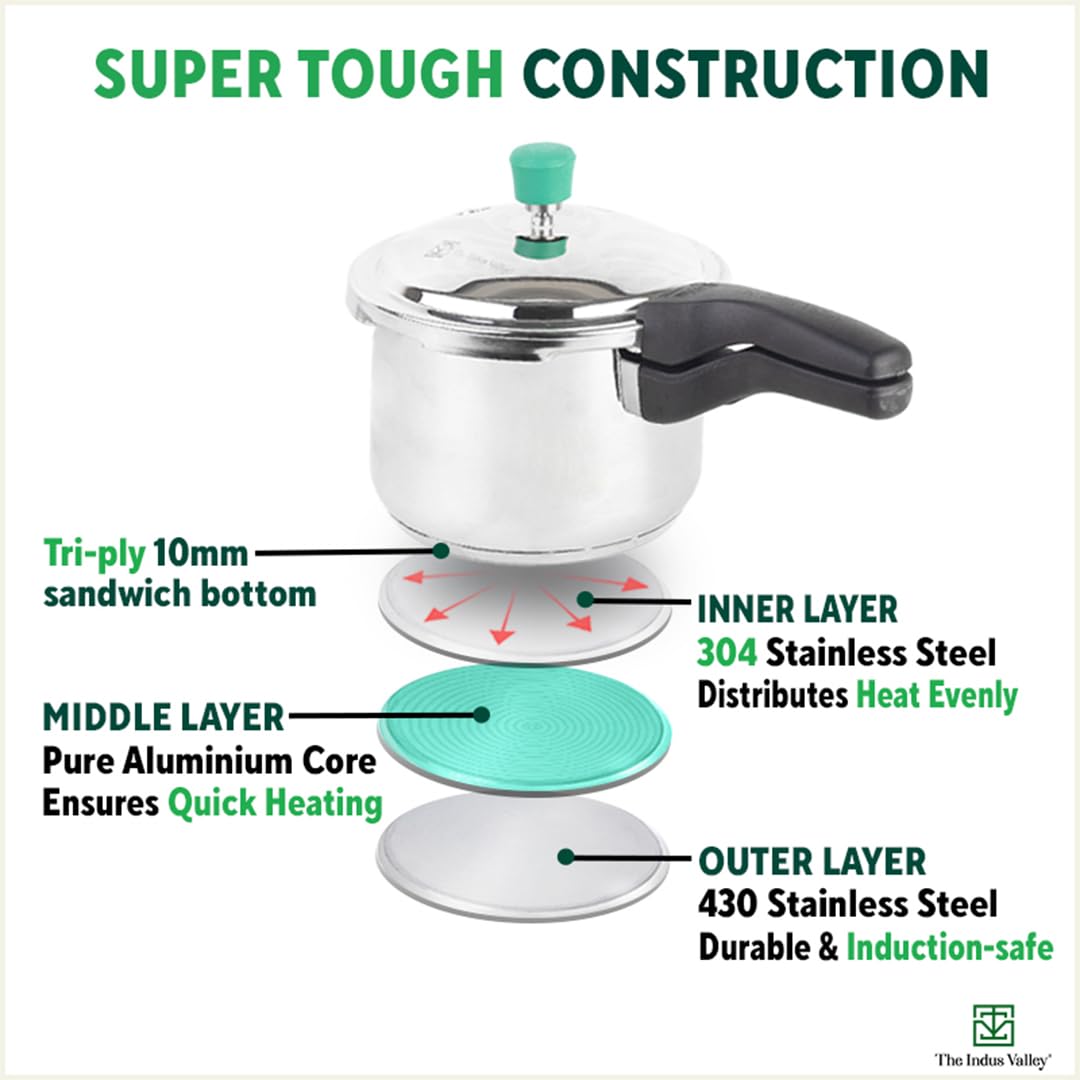 Stainless Steel Pressure Cooker Outer Lid 4.5 Liters For 3-5 People - Medium, 1.8 Kg | Induction Friendly, ISI-Certified, Naturally Non-Stick Tri-Ply Sandwich Bottom, 100% Pure & Toxin-Free Stainless Steel Pressure Cooker Outer Lid 4.5 Liters For 3-5 People - Medium, 1.8 Kg | Induction Friendly, ISI-Certified, Naturally Non-Stick Tri-Ply Sandwich Bottom, 100% Pure & Toxin-Free