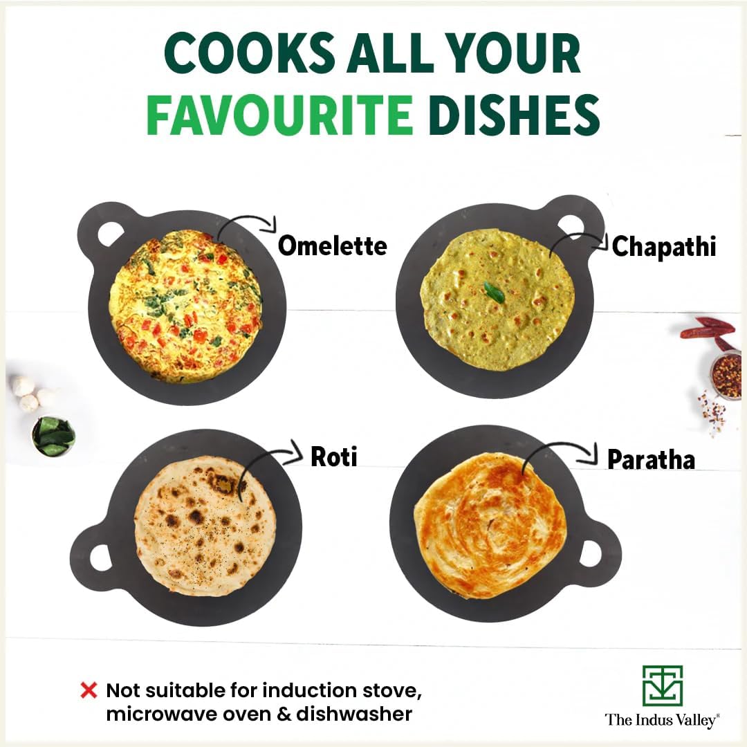 Pre-Seasoned Black Iron Tawa With Wooden Spatula & Flip For Dosa, Chapathi - 28cm, 11 Inch, 1.5 Kg | Gas Compatible, 100% Pure & Toxin-Free, No Chemical Coating Pre-Seasoned Black Iron Tawa With Wooden Spatula & Flip For Dosa, Chapathi - 28cm, 11 Inch, 1.5 Kg | Gas Compatible, 100% Pure & Toxin-Free, No Chemical Coating